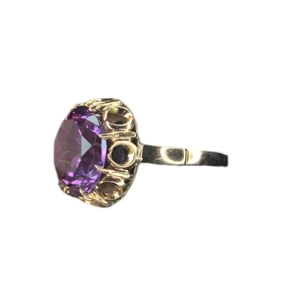 14k Yellow Gold Lab Created Round Amethyst Solitaire Ring Size 7.5 - Picture 4 of 10